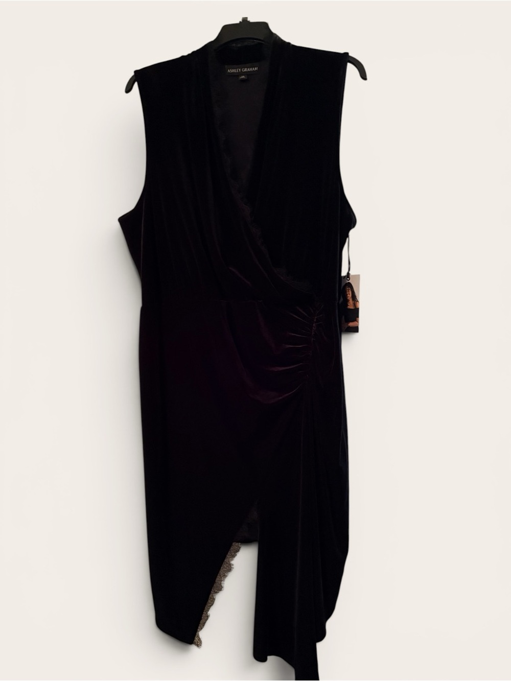 Ashley Graham X Peppercorn Black Velvet Asymmetrical Dress Lace Trim Size 5X
